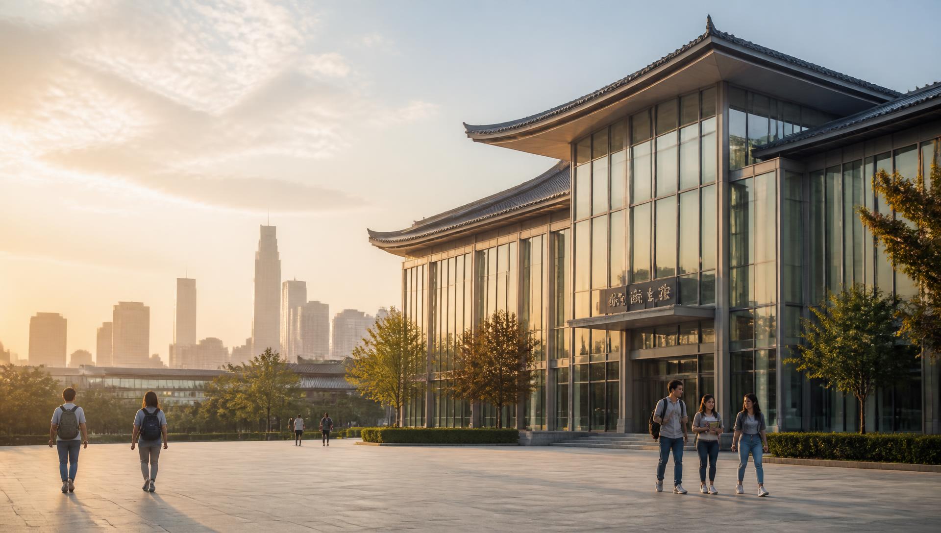 Modern Chinese university campus with international students at sunrise
